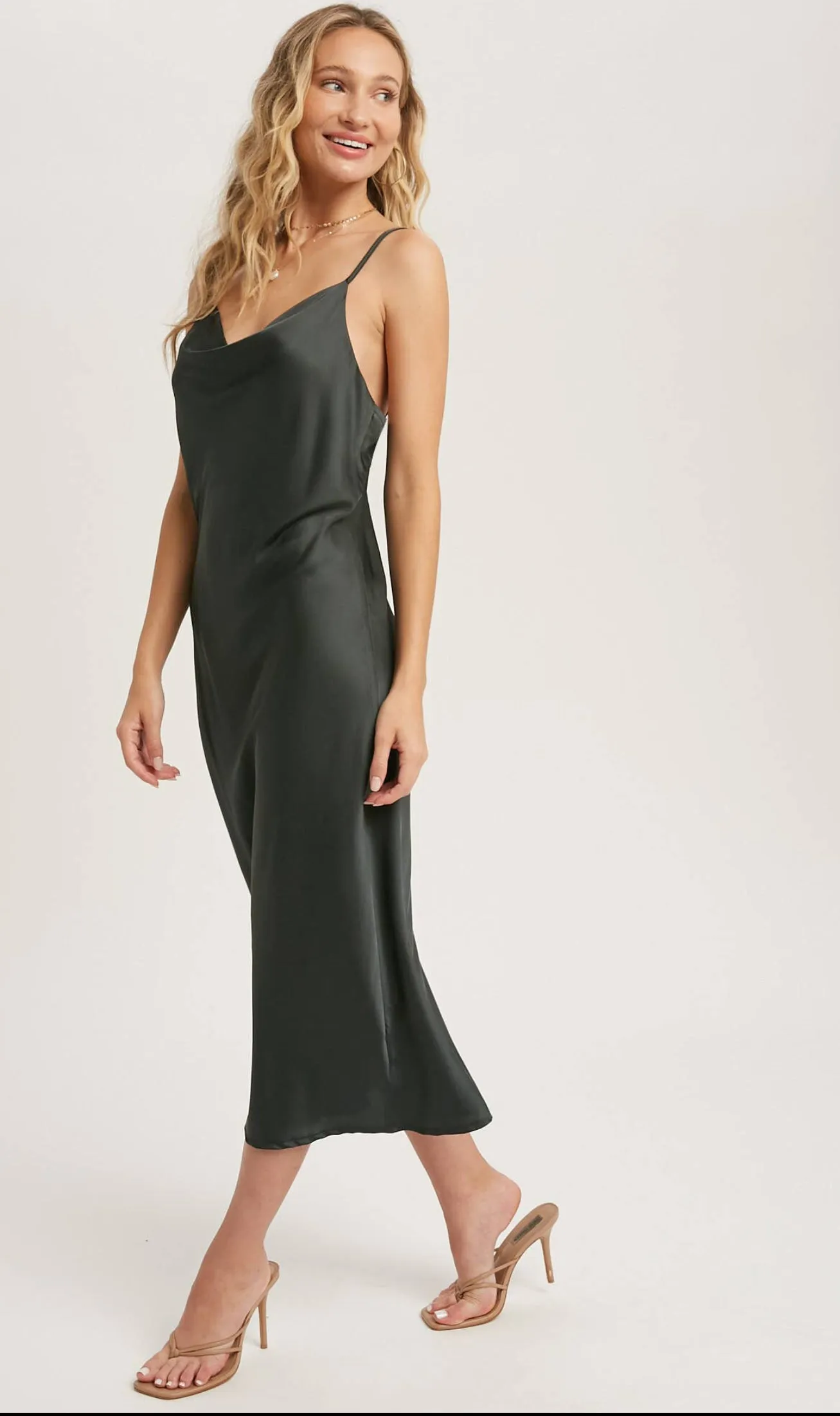 Bluivy Satin Drape Neck MIDI Slip Dress