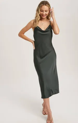 Bluivy Satin Drape Neck MIDI Slip Dress