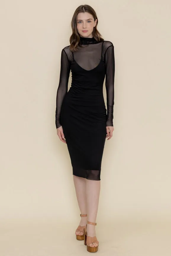 Bodycon Mock Neck Mesh Long Sleeve Midi DRESS BLACK