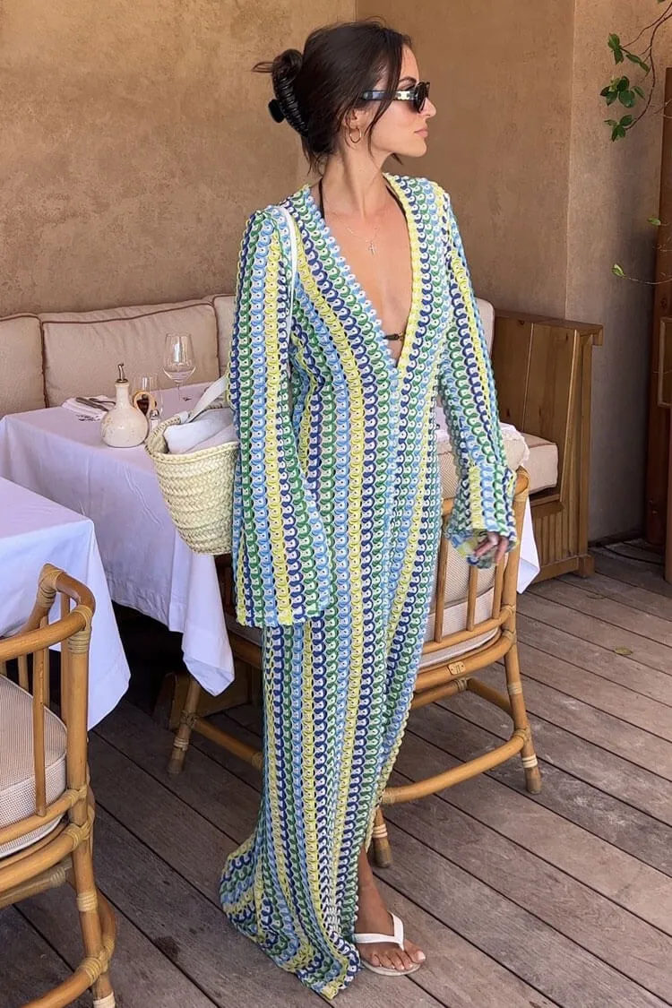 Boho V Neck Bell Sleeve Wavy Striped Crochet Beach Vacation Maxi Dress - Yellow