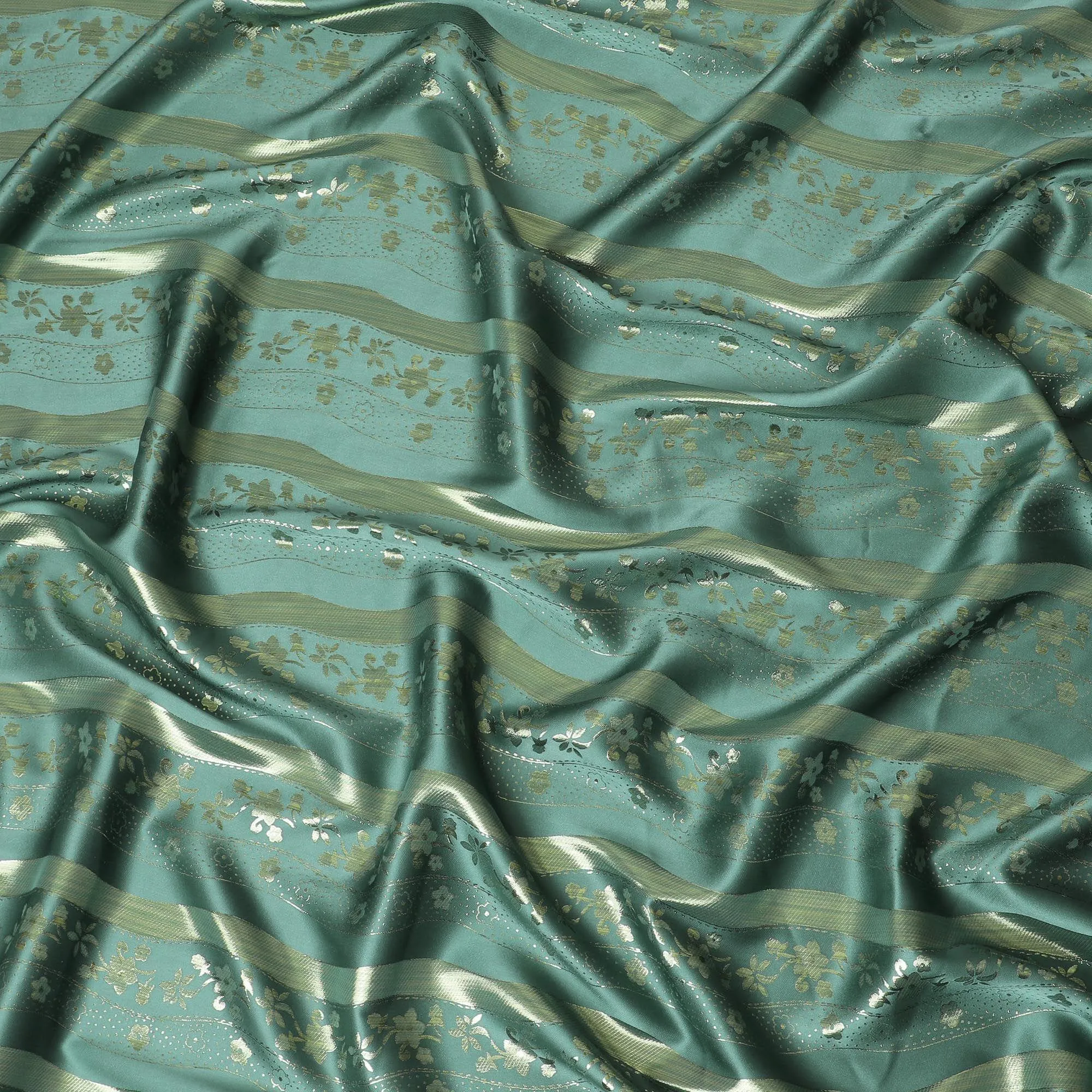 Bottle green pure silk satin fabric with same tone and gold film metallic in stripe design-D11050