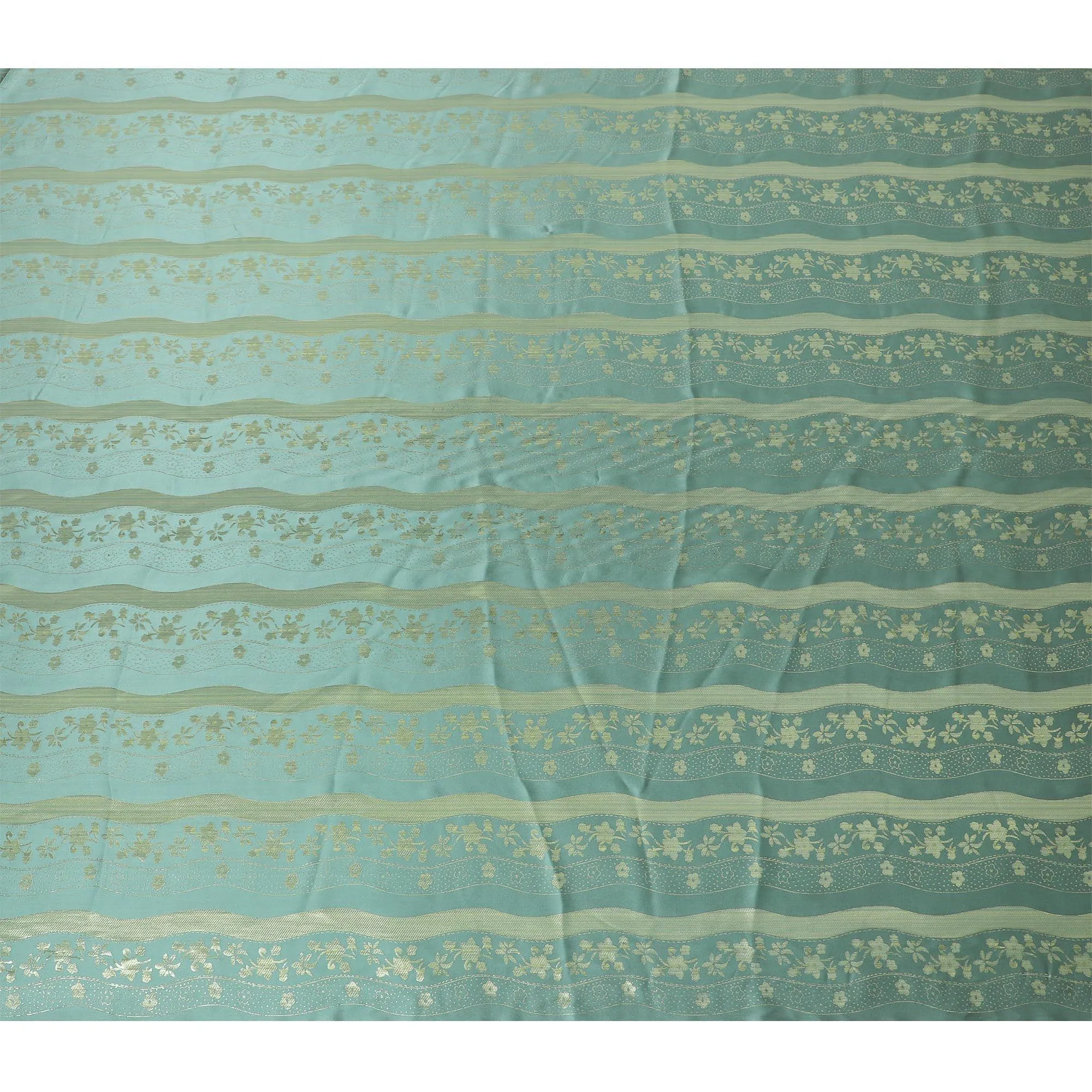 Bottle green pure silk satin fabric with same tone and gold film metallic in stripe design-D11050