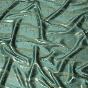 Bottle green pure silk satin fabric with same tone and gold film metallic in stripe design-D11050