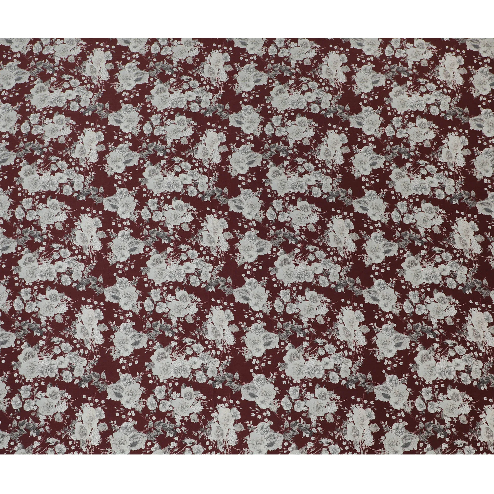 Burgundy & Grey Floral Silk Satin Fabric with Mirror Work - 110 cm Width-D20287