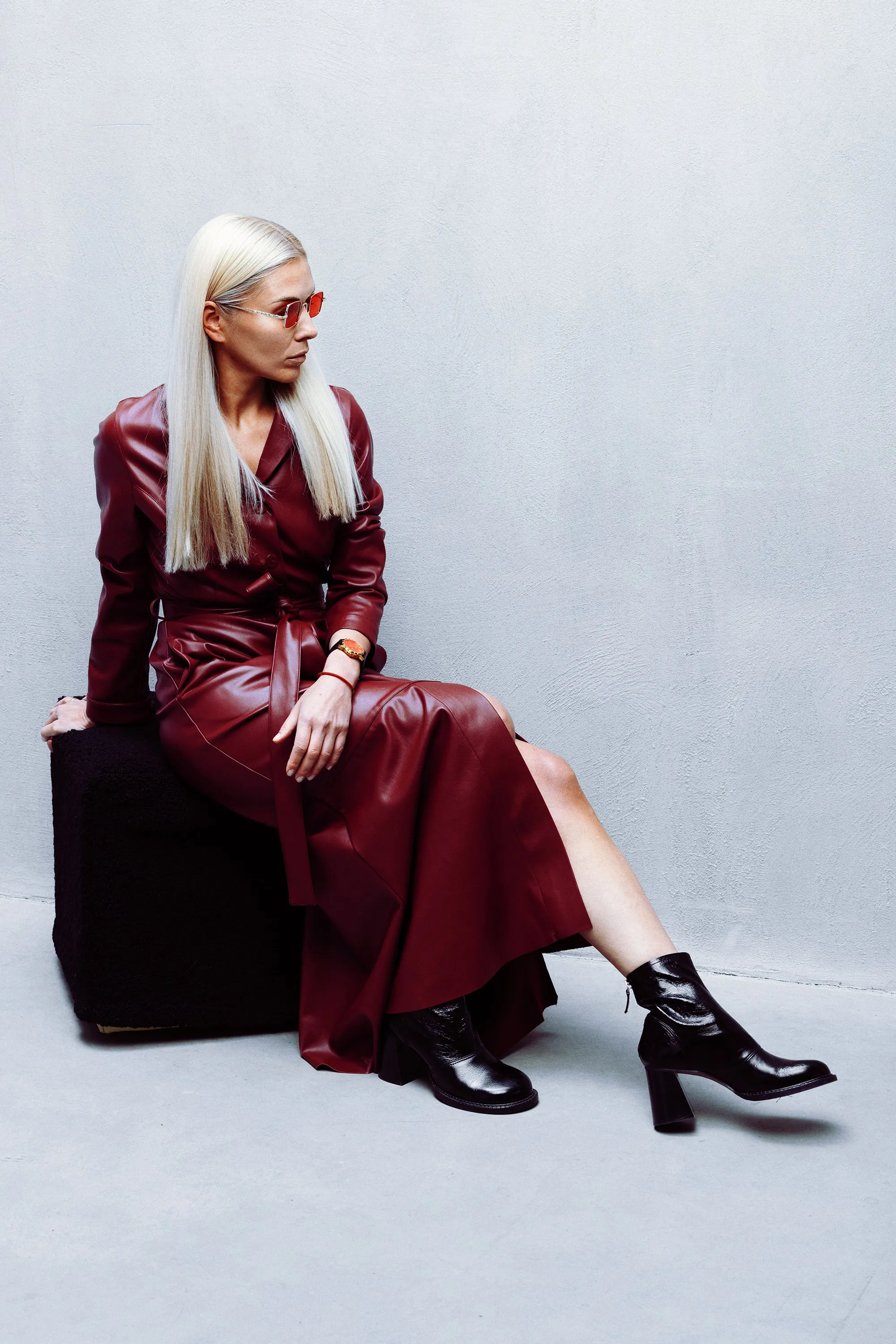 Burgundy Long Button-Up Eco-Leather Trench