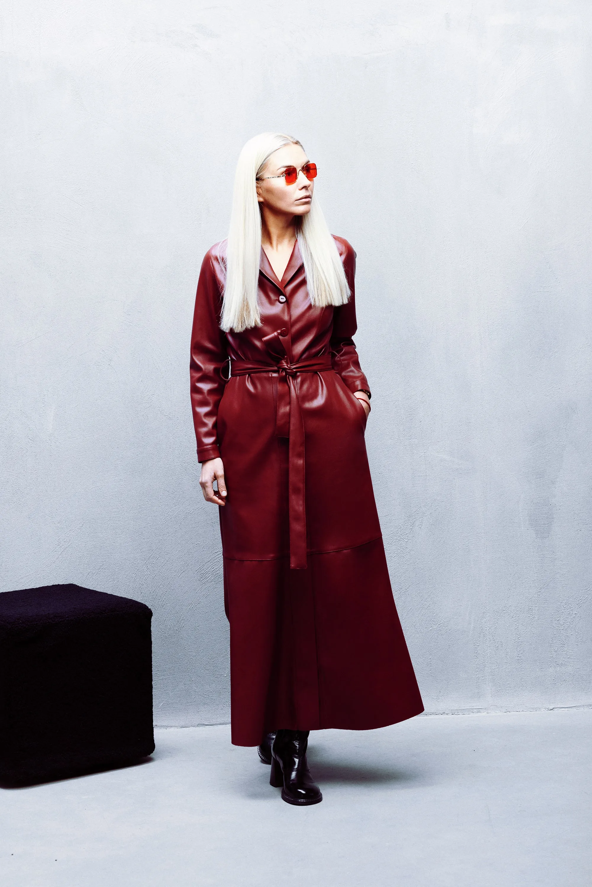 Burgundy Long Button-Up Eco-Leather Trench