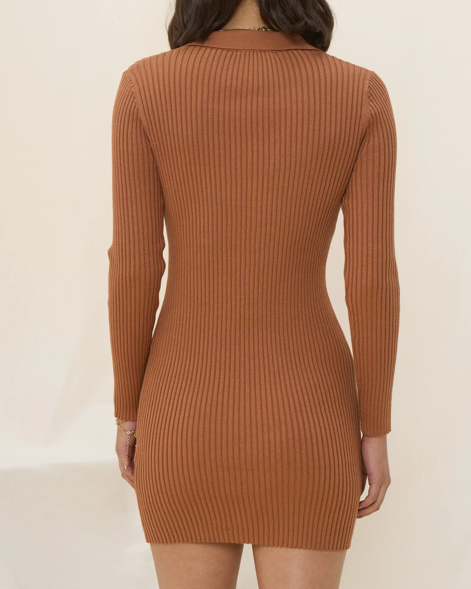 Cece Brown Long Sleeve Collared Knit Mini Dress