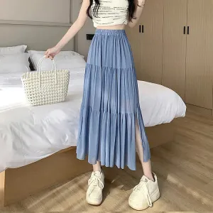 Chic High Waist Pleated Split A-line Long Skirt