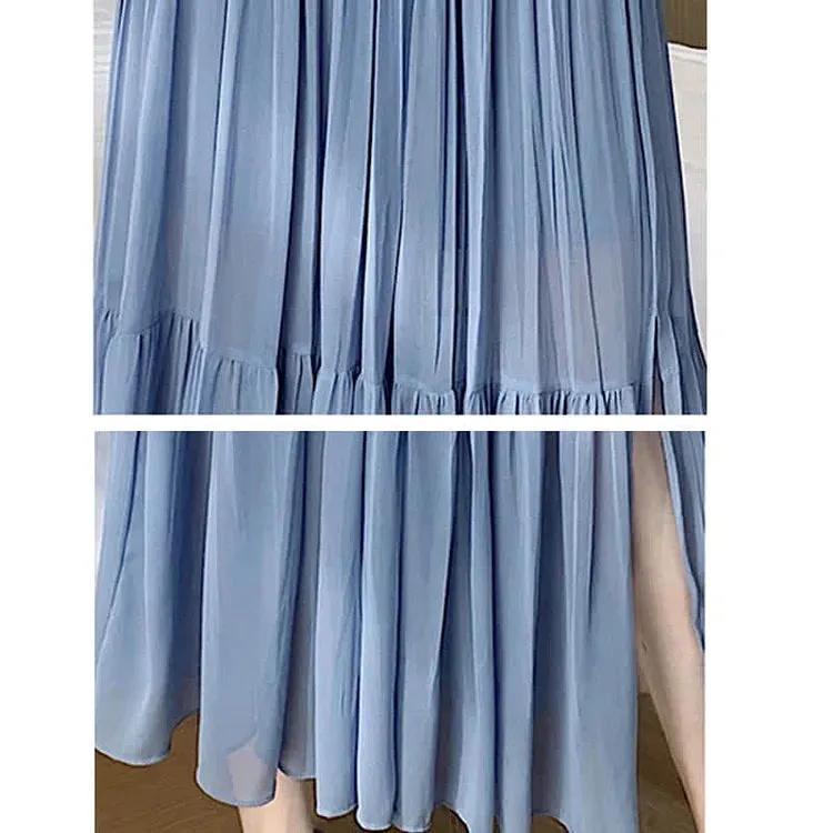 Chic High Waist Pleated Split A-line Long Skirt