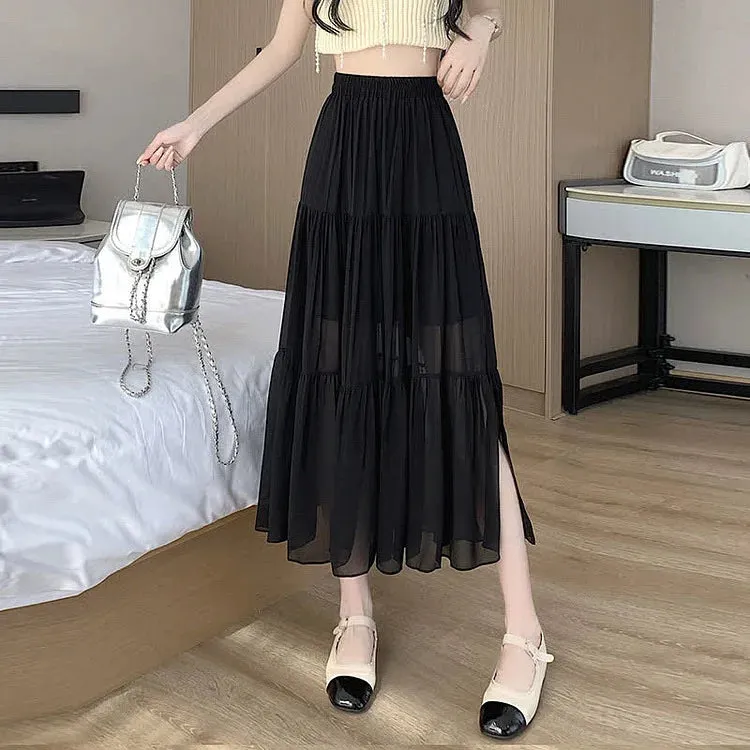 Chic High Waist Pleated Split A-line Long Skirt