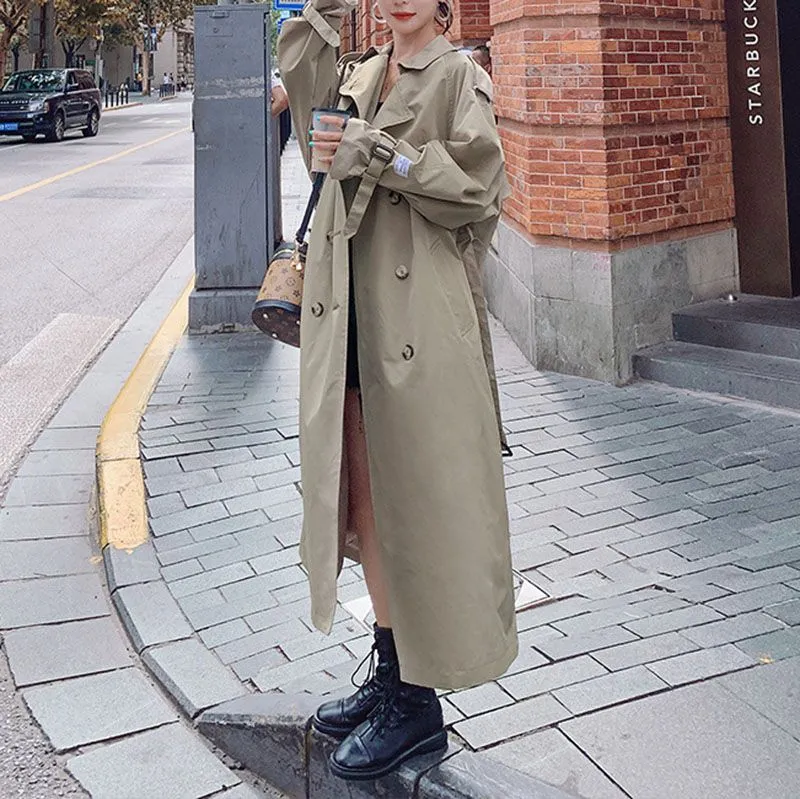 Classic Large Collar Belted Twill Long Trench Coat Calf Length Overcoat