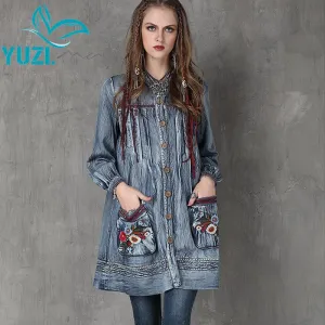 Coats Stand Collar Floral Embroidery Lantern Sleeve Dress