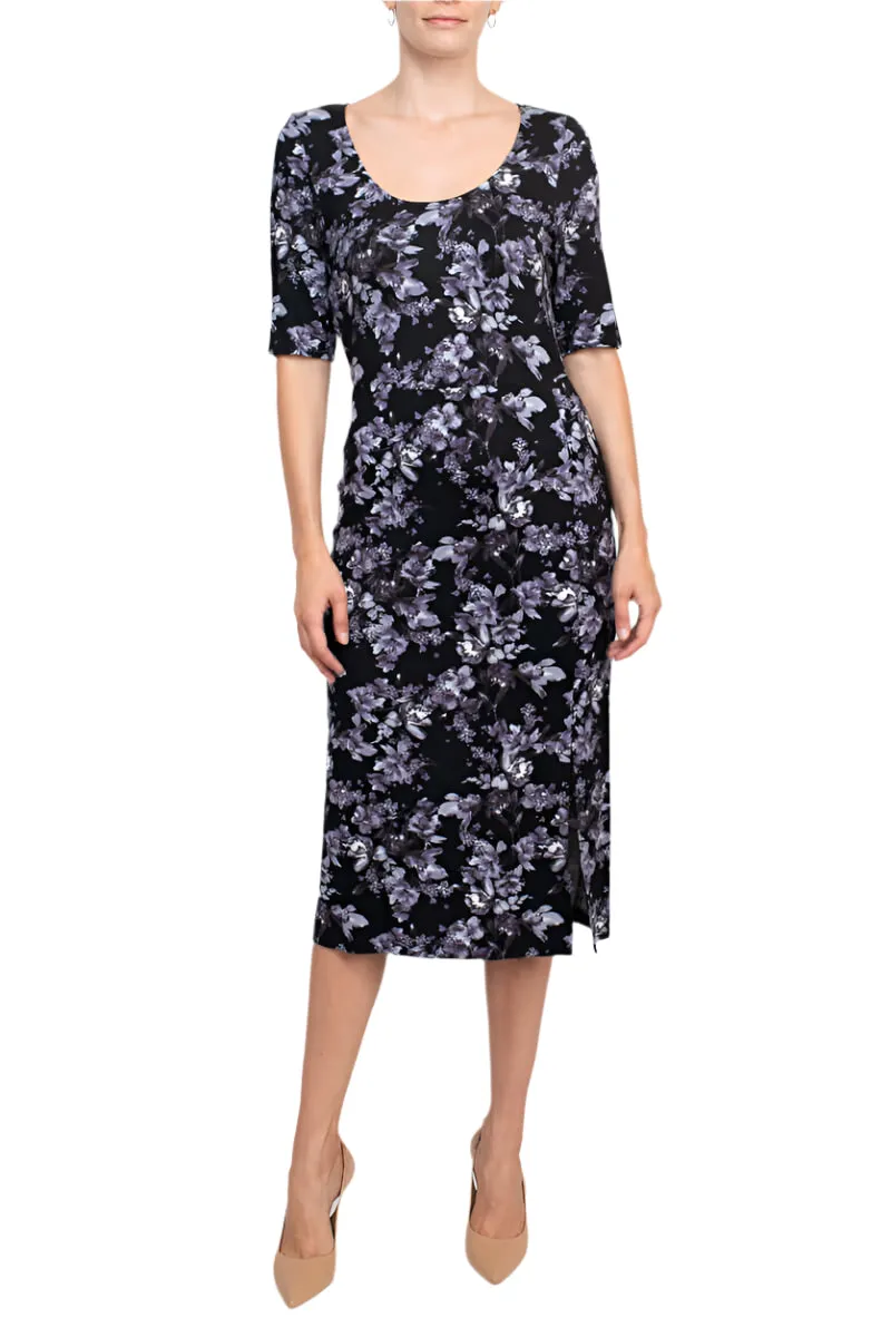 Connected Apparel Scoop Neck 3/4 Sleeve Slit Side Floral Print Knit Dress