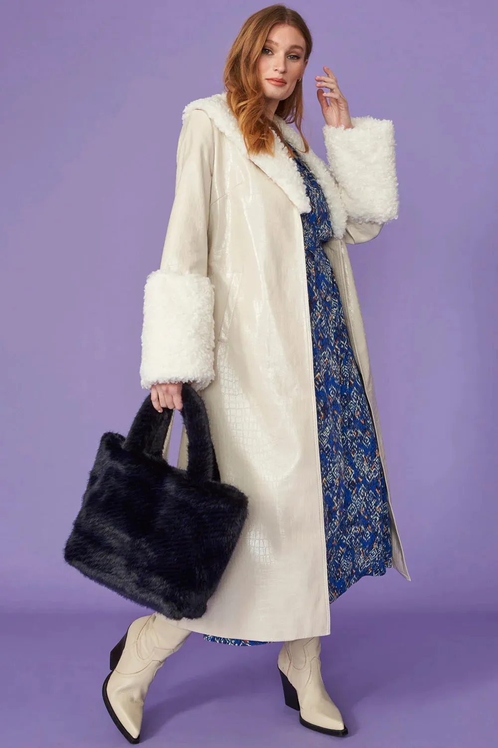 Cream Faux Leather Trench Coat With Detachable Faux Mongolian Collar And Cuffs