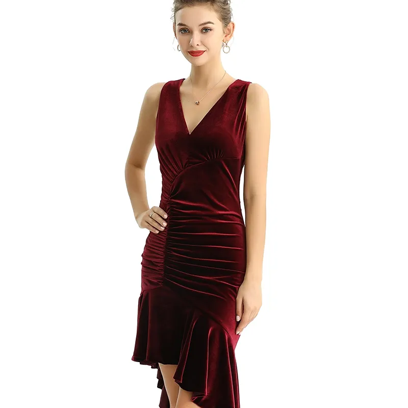 D169 Women velvet knit v neck ruched-detail fluted asymmetric hem evening dress