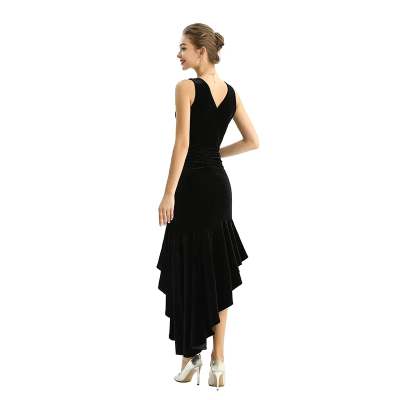 D169 Women velvet knit v neck ruched-detail fluted asymmetric hem evening dress