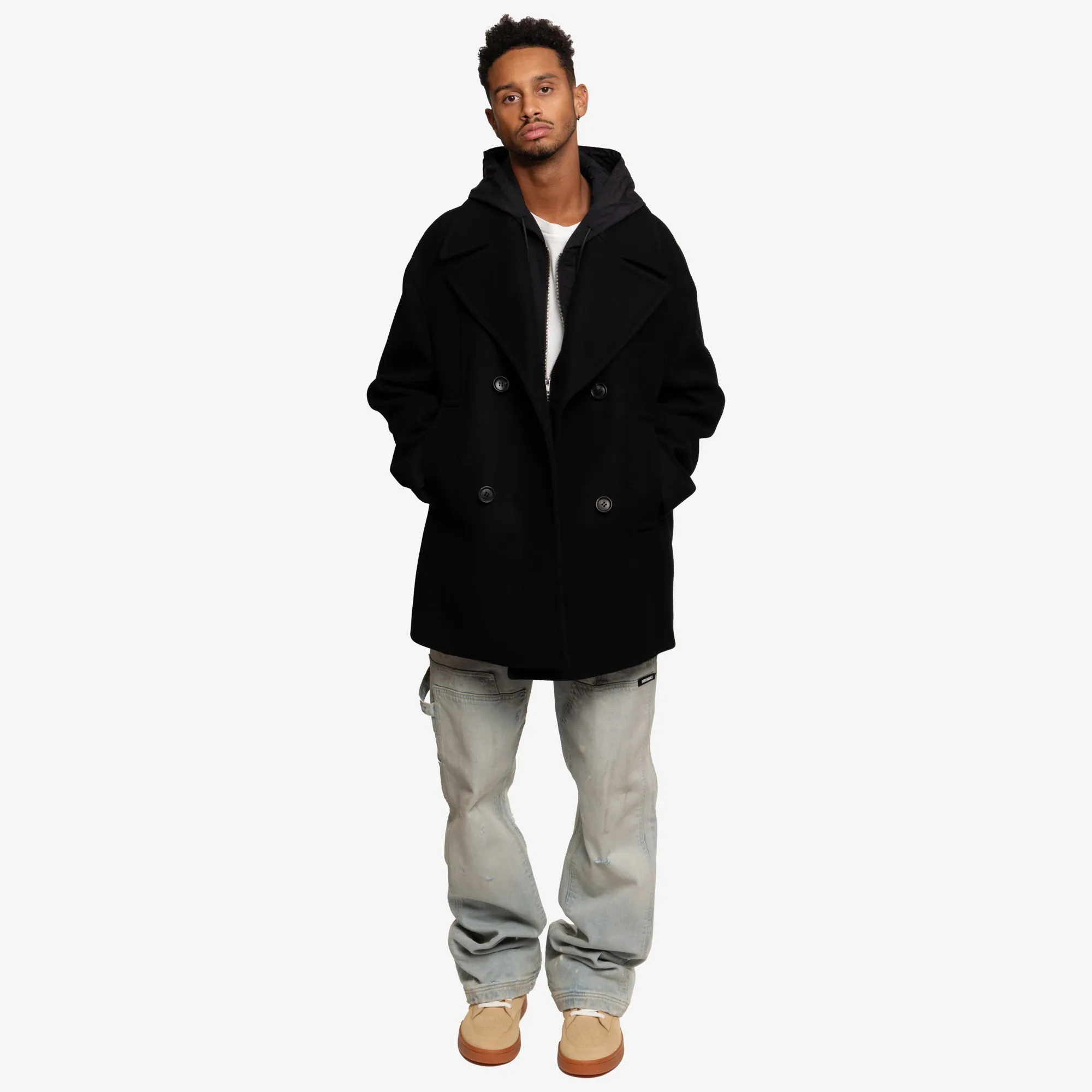 Detachable Hood Felt Wool Peacoat