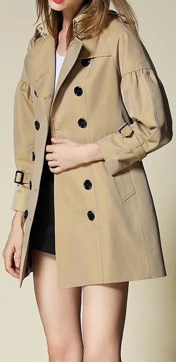 Draped-Shoulder Short Trench Coat, Beige