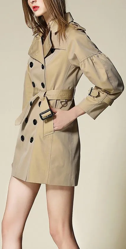 Draped-Shoulder Short Trench Coat, Beige