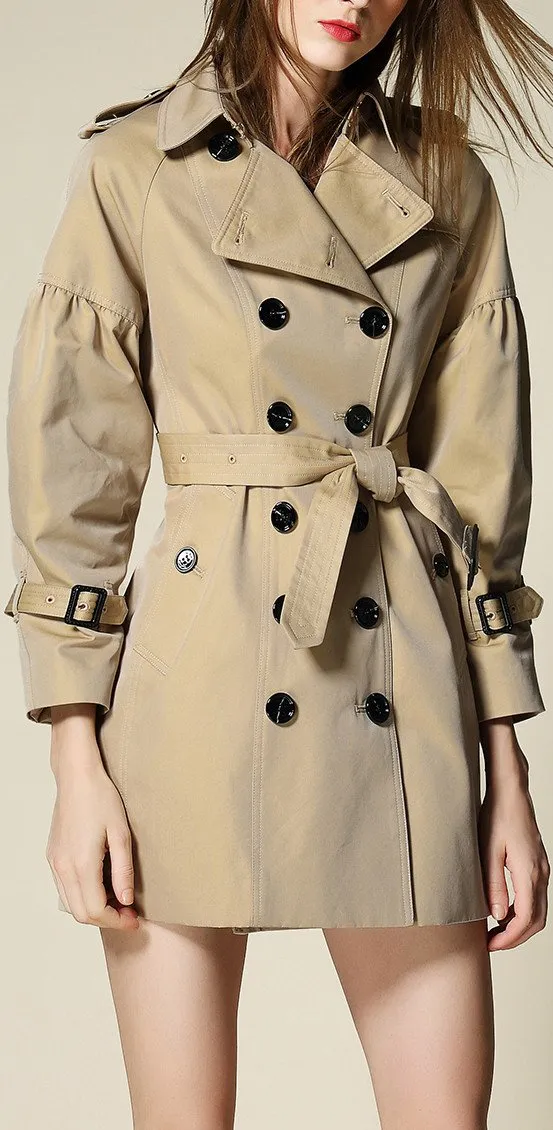 Draped-Shoulder Short Trench Coat, Beige