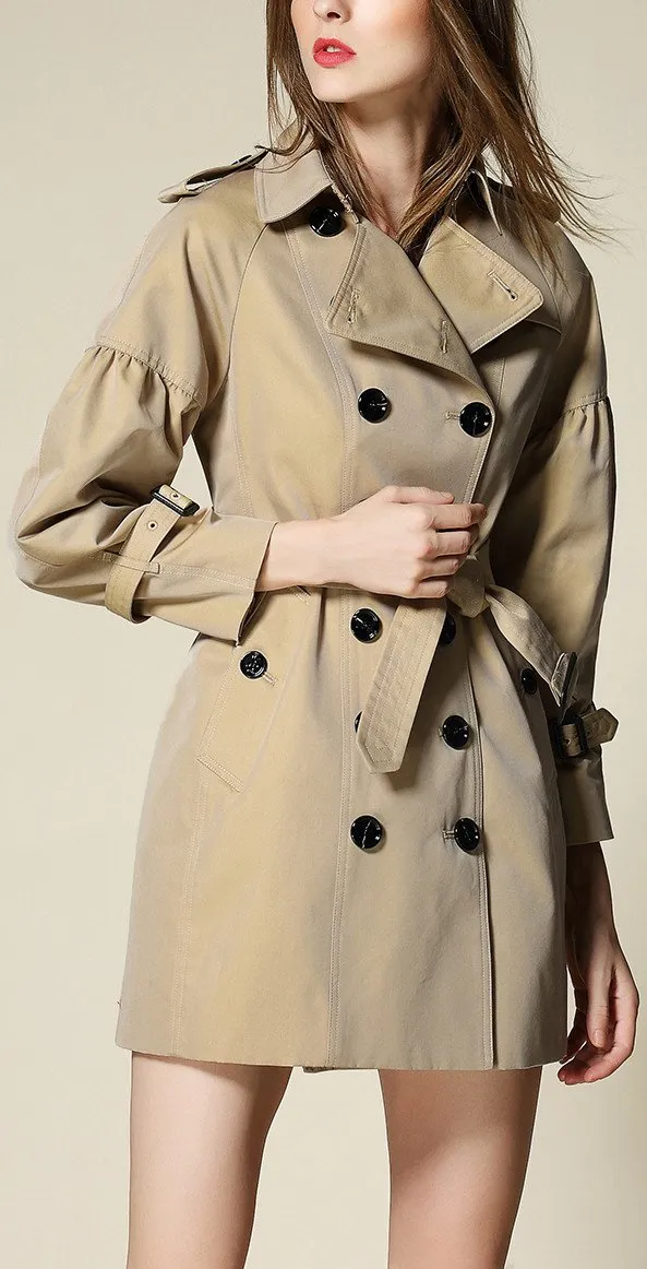 Draped-Shoulder Short Trench Coat, Beige