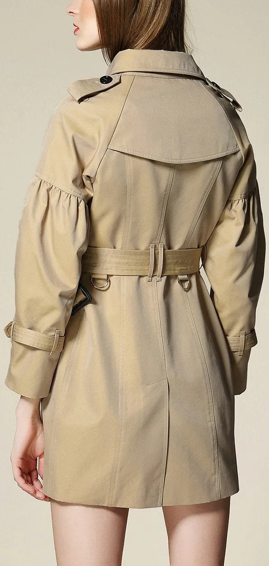 Draped-Shoulder Short Trench Coat, Beige