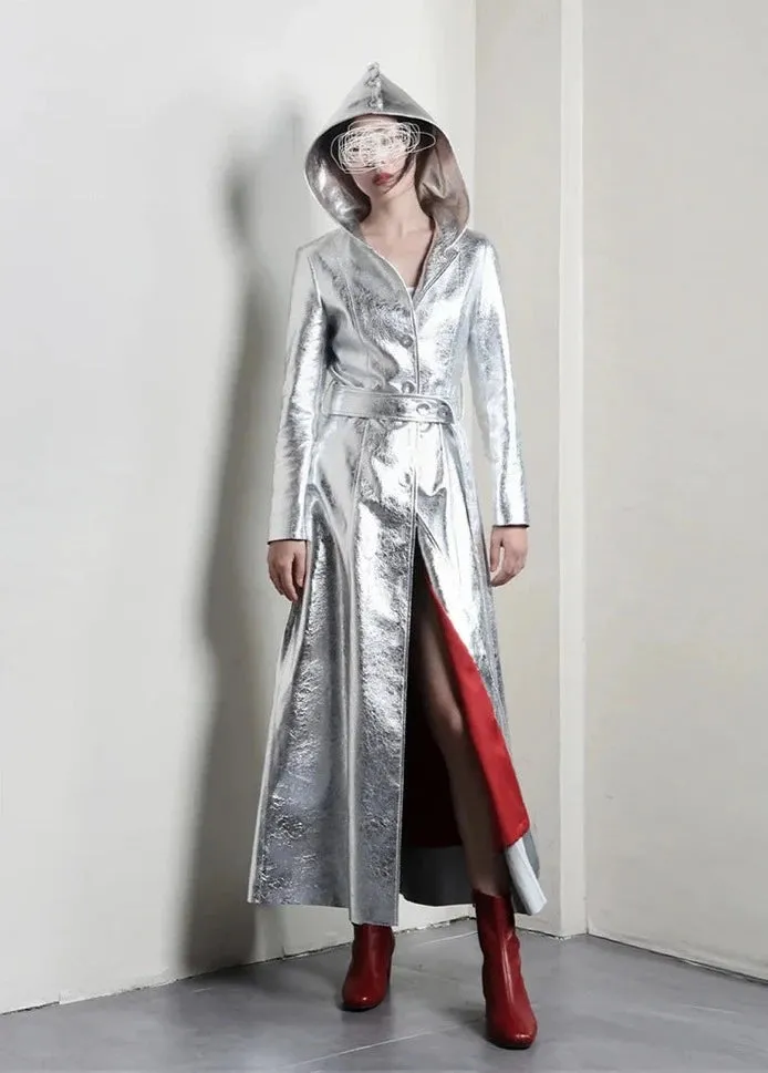 Elegant Silver Metallic Long Trench Coat