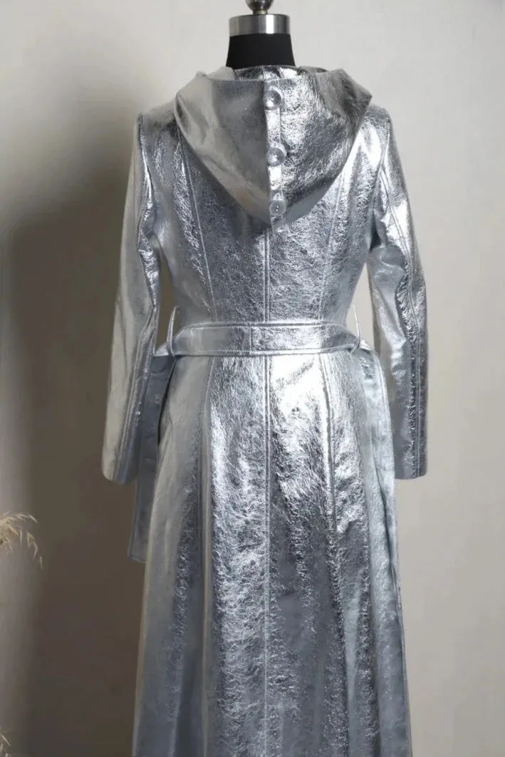 Elegant Silver Metallic Long Trench Coat