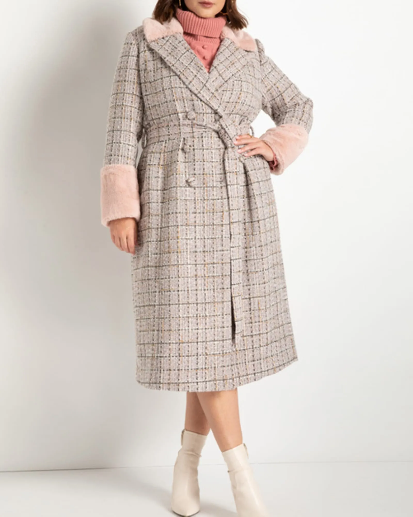 Elodie Belted Tweed Coat | Silver Pink