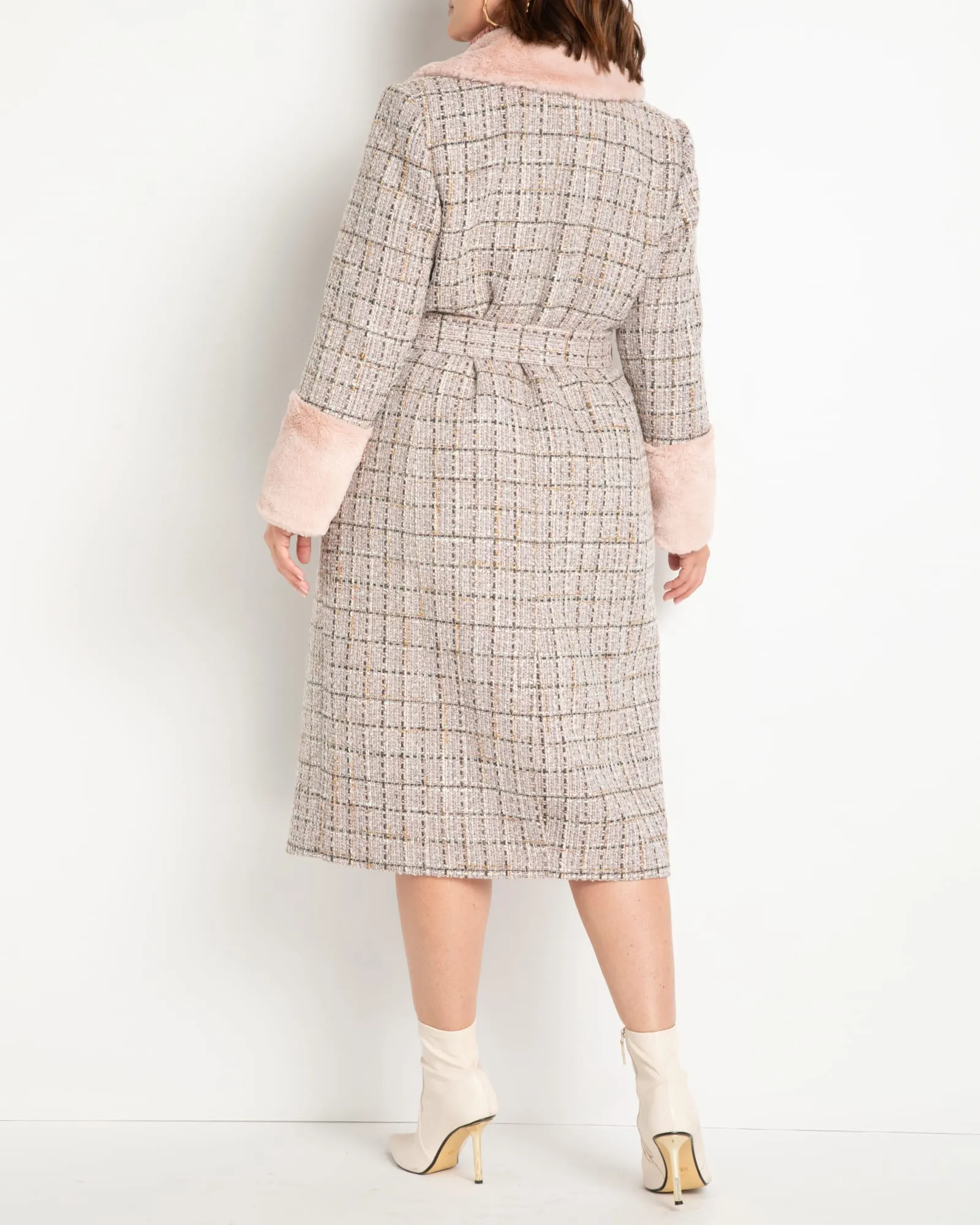 Elodie Belted Tweed Coat | Silver Pink