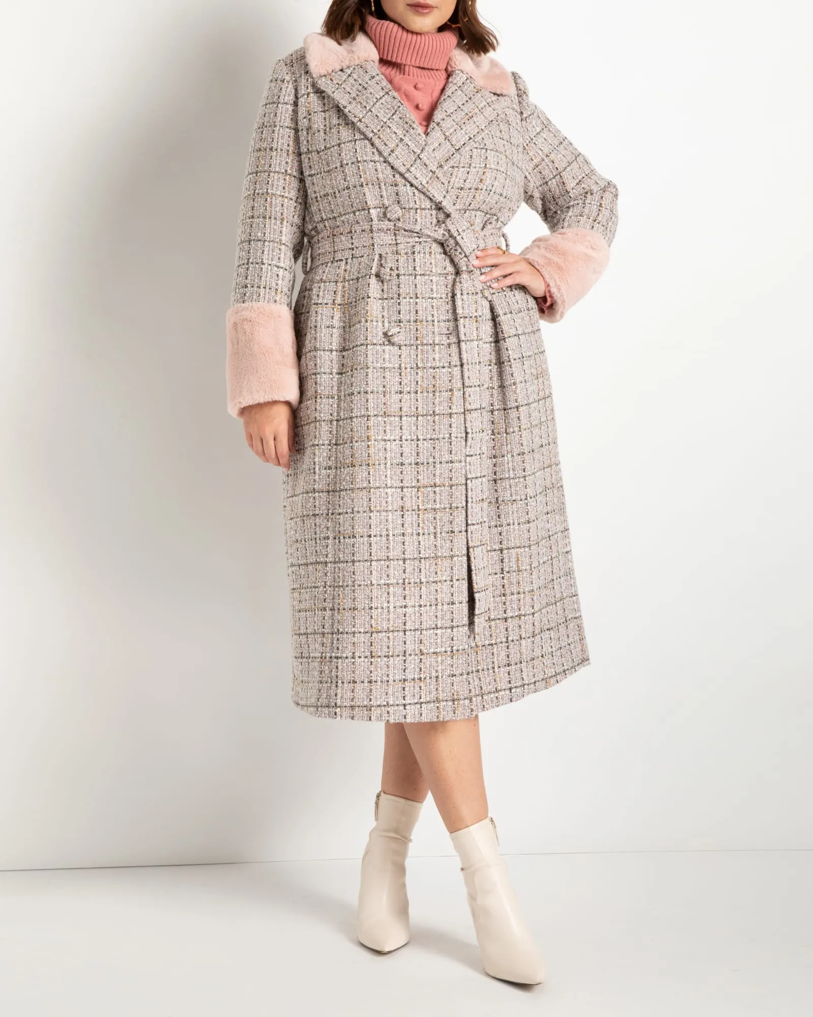 Elodie Belted Tweed Coat | Silver Pink