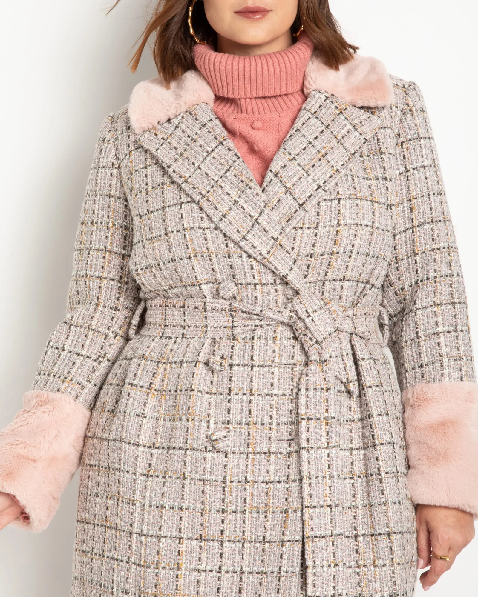 Elodie Belted Tweed Coat | Silver Pink