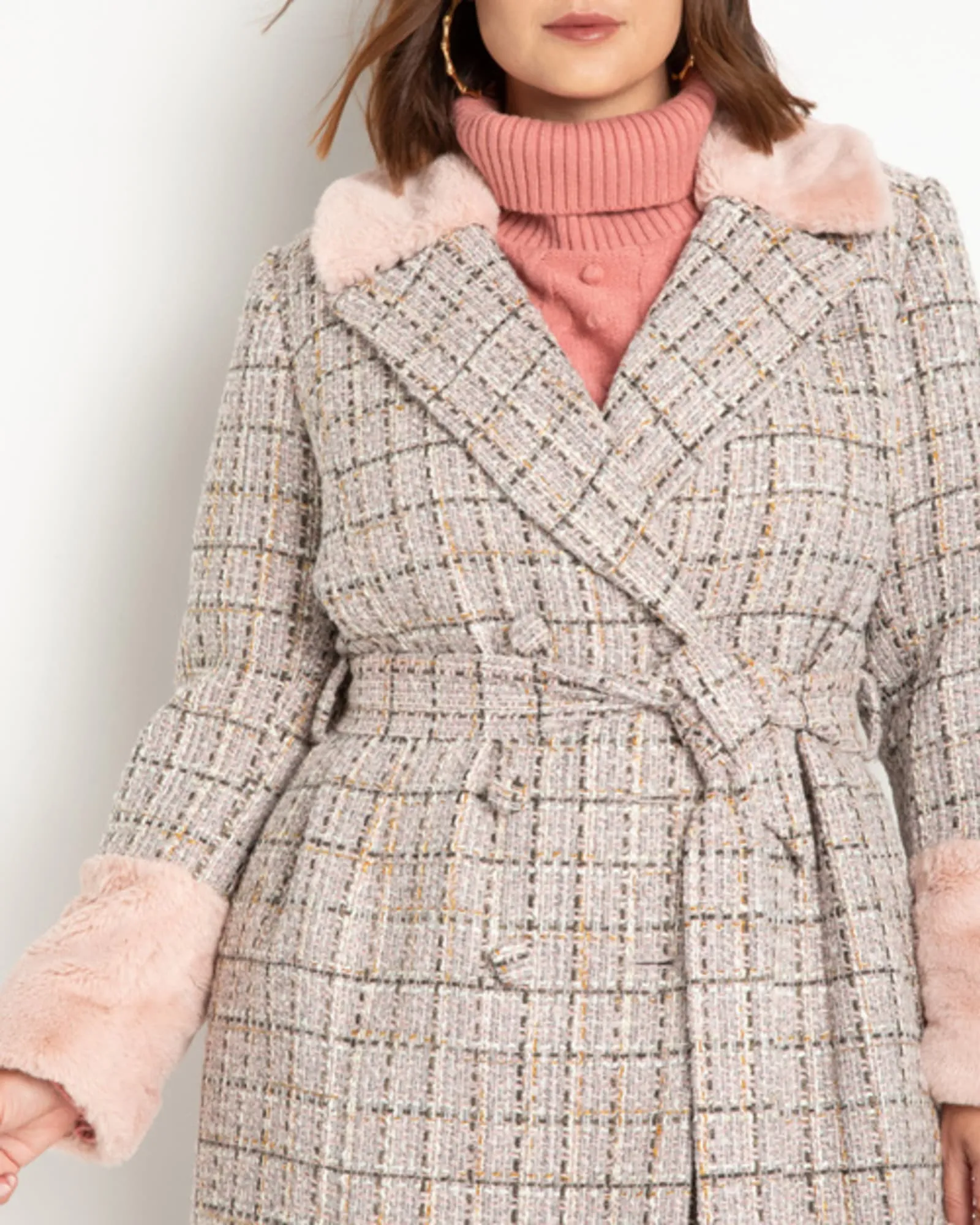 Elodie Belted Tweed Coat | Silver Pink