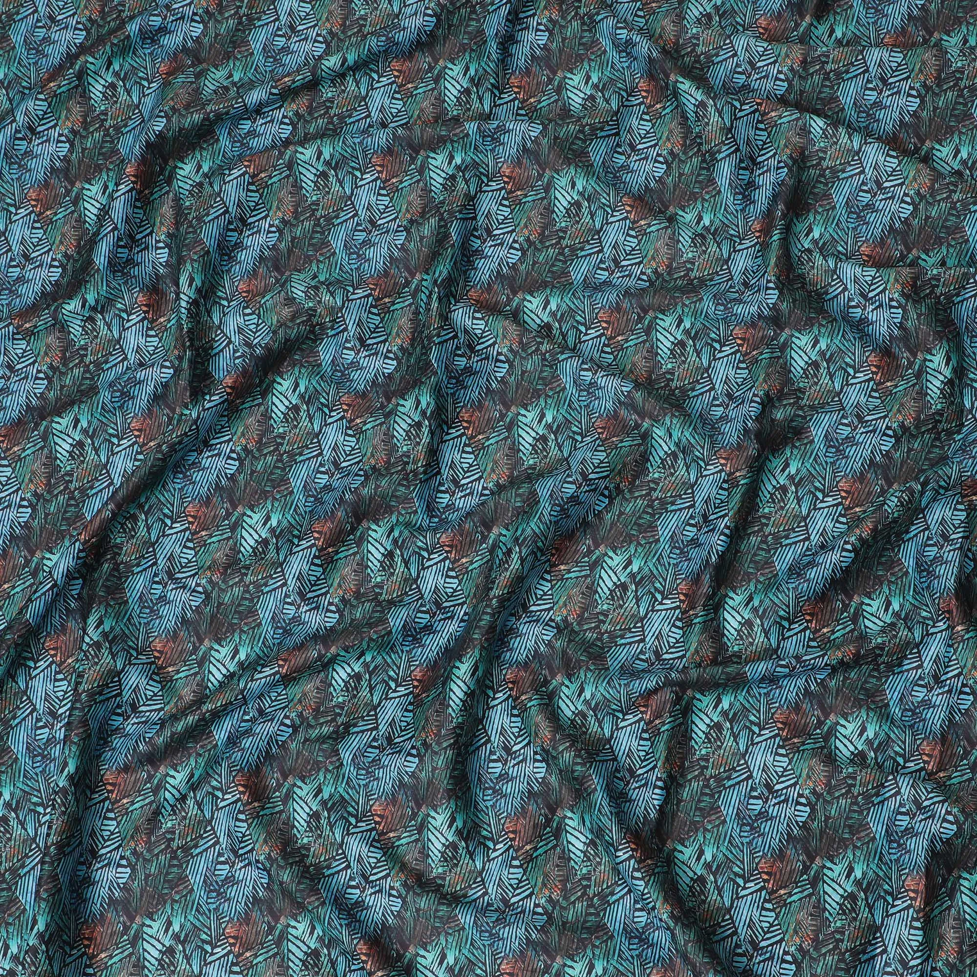 Exotic Teal and Copper Leaf Pattern Cotton Satin Fabric, 110 cm Wide-D19199