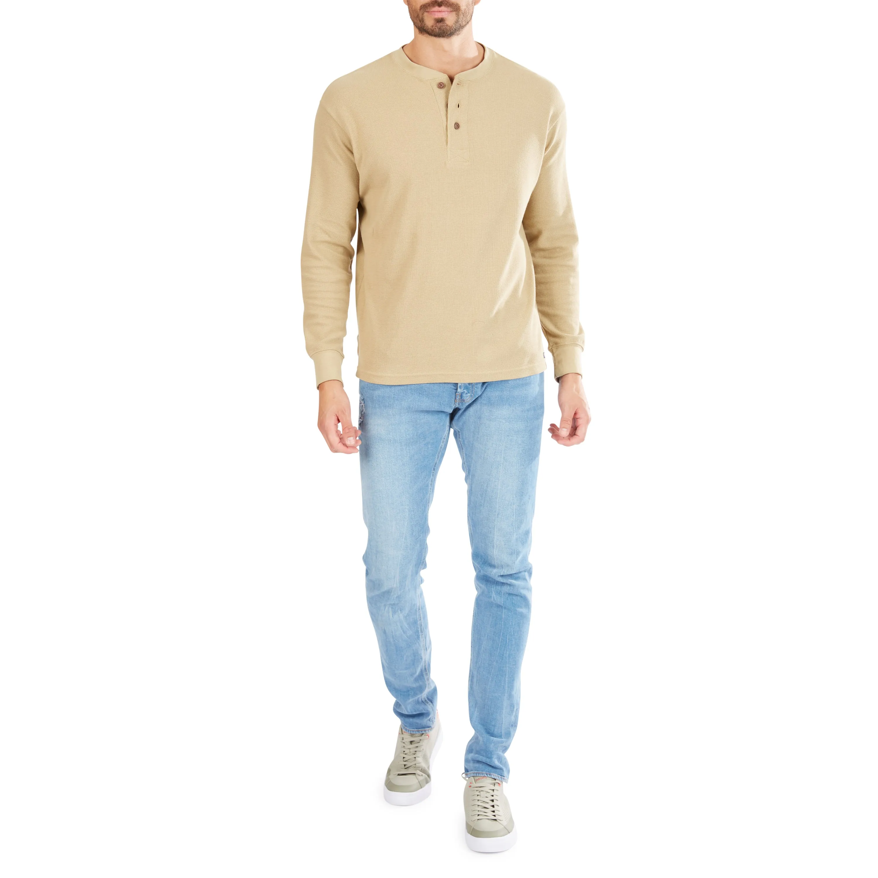 EXTENDED TAIL MINI-THERMAL KNIT HENLEY PULLOVER WITH GUSSET