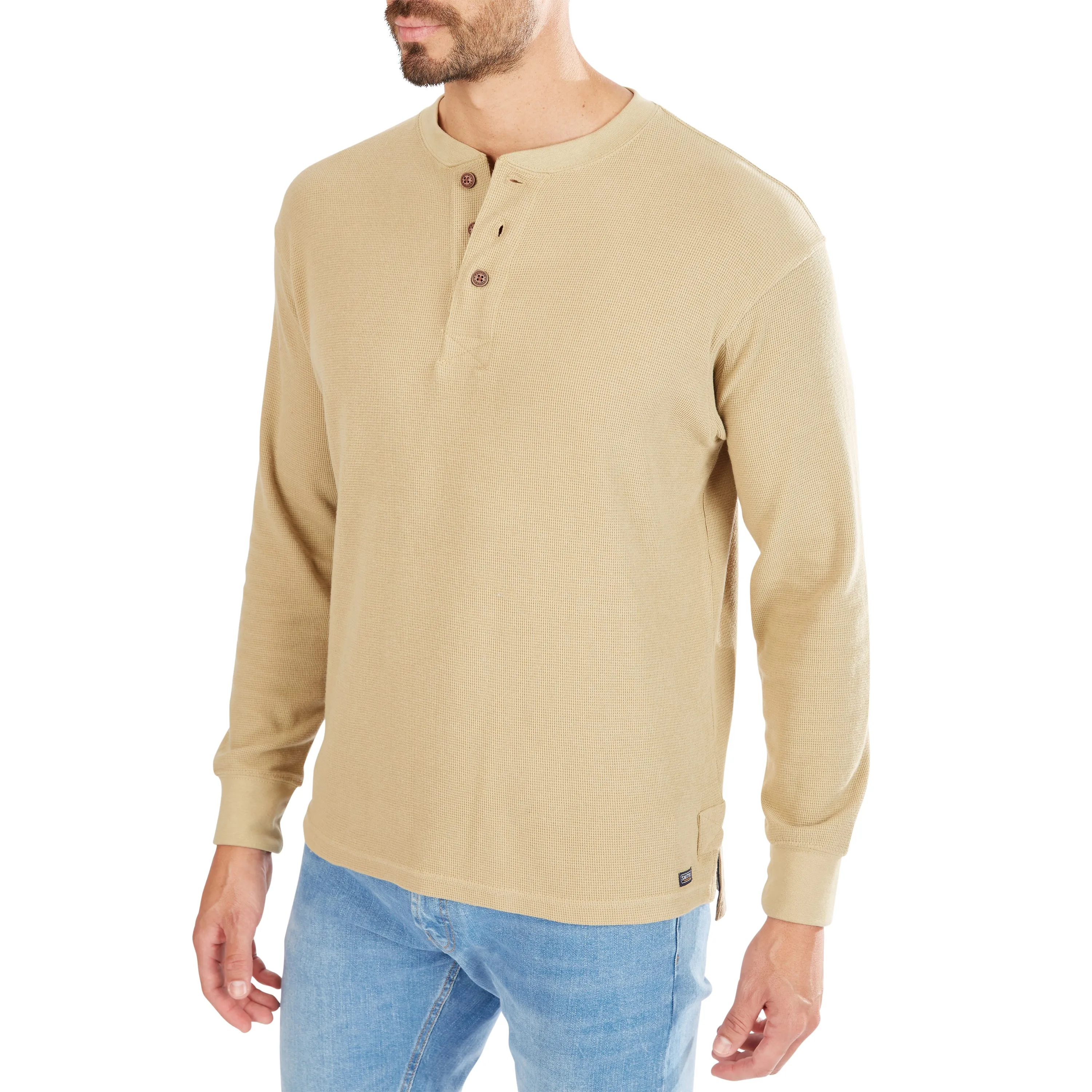 EXTENDED TAIL MINI-THERMAL KNIT HENLEY PULLOVER WITH GUSSET