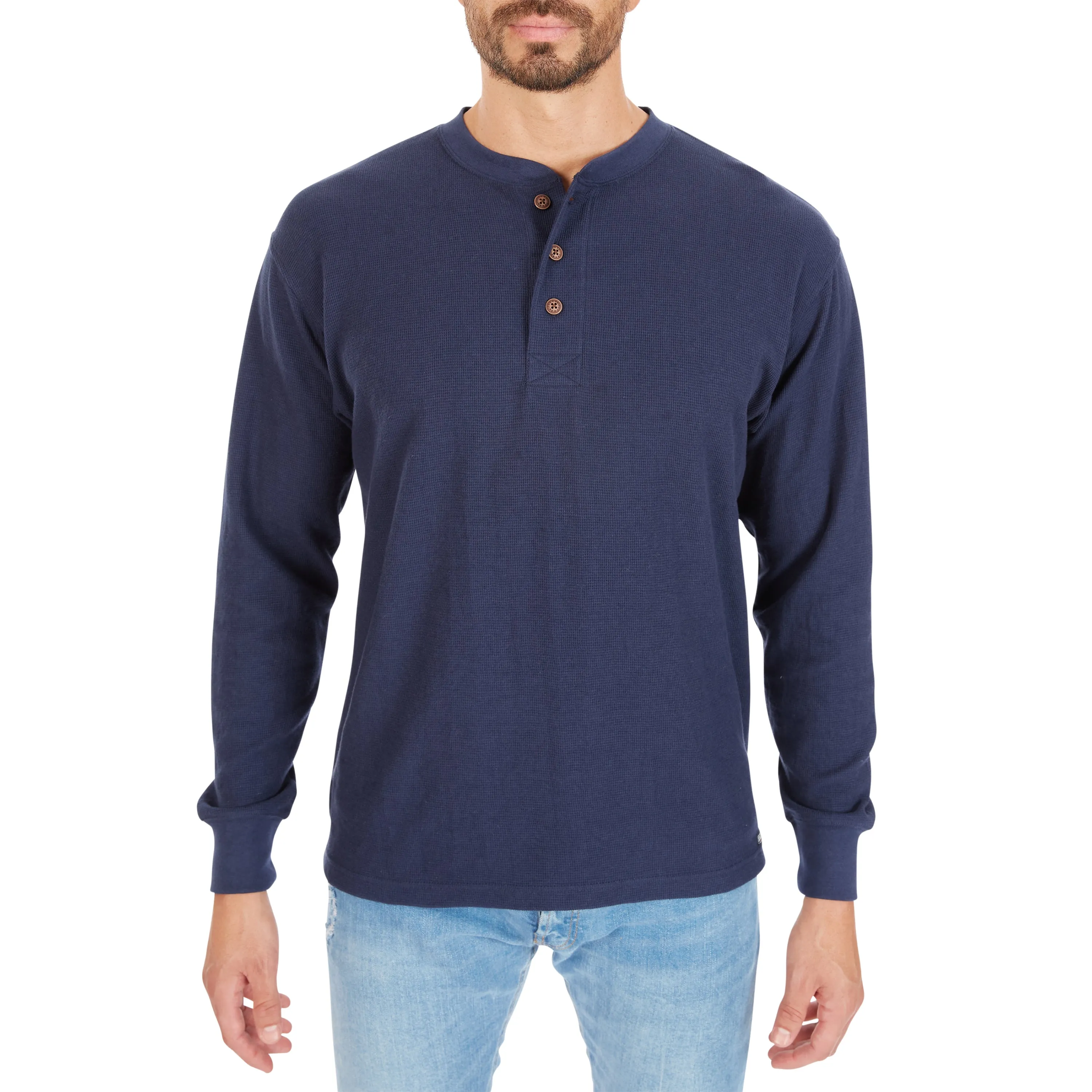 EXTENDED TAIL MINI-THERMAL KNIT HENLEY PULLOVER WITH GUSSET