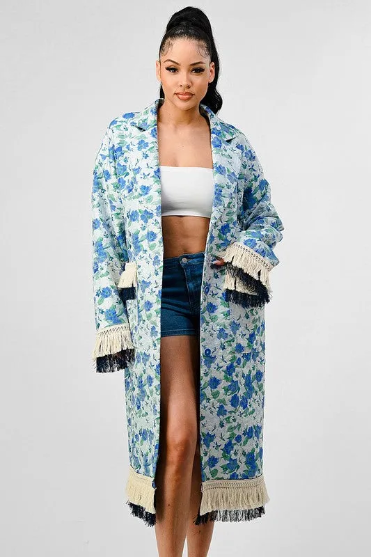 FLORAL PRINT TASSLE TRENCH COAT