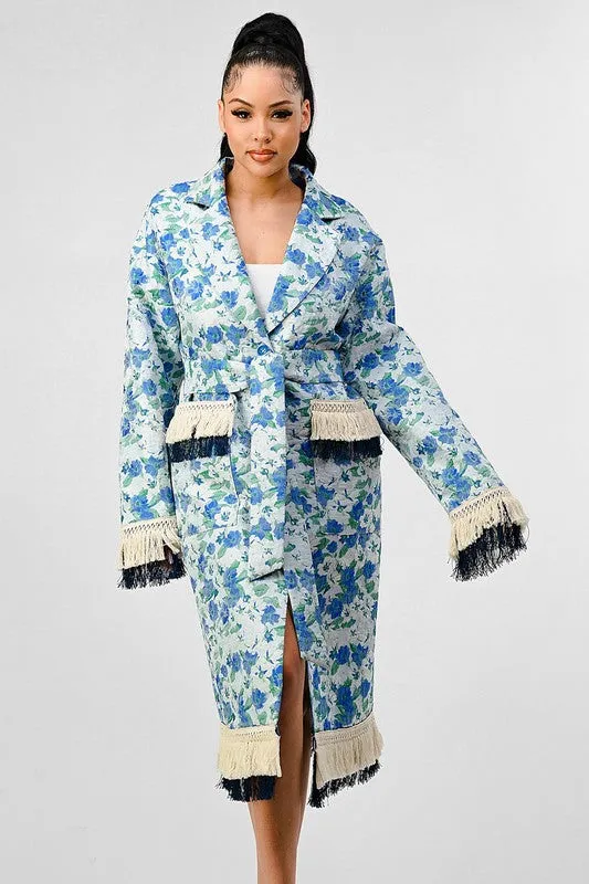 FLORAL PRINT TASSLE TRENCH COAT