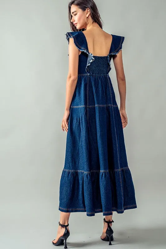 Frayed Maxi Denim Dress