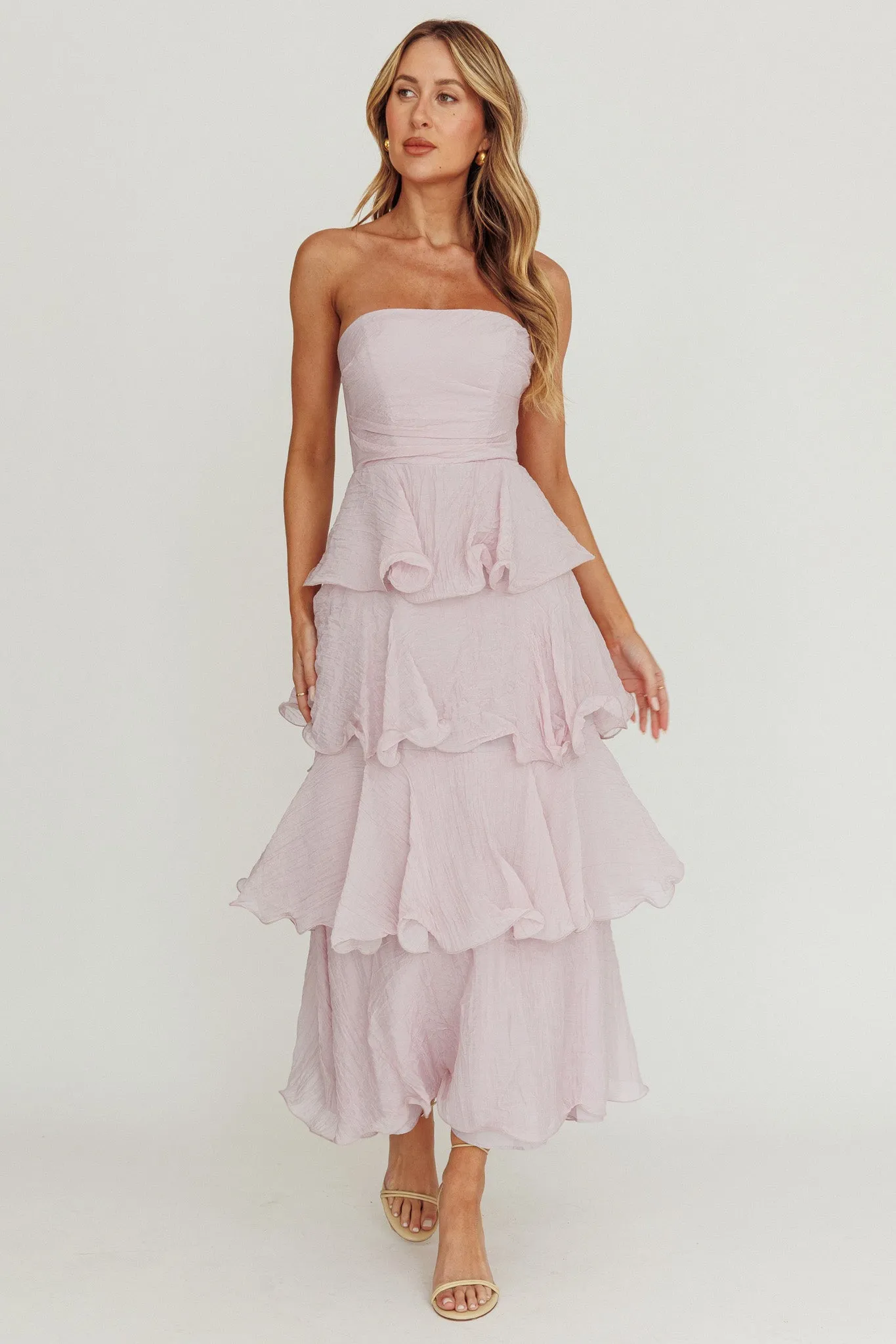 Giavana Strapless Layered Ruffles Midi Dress Lilac