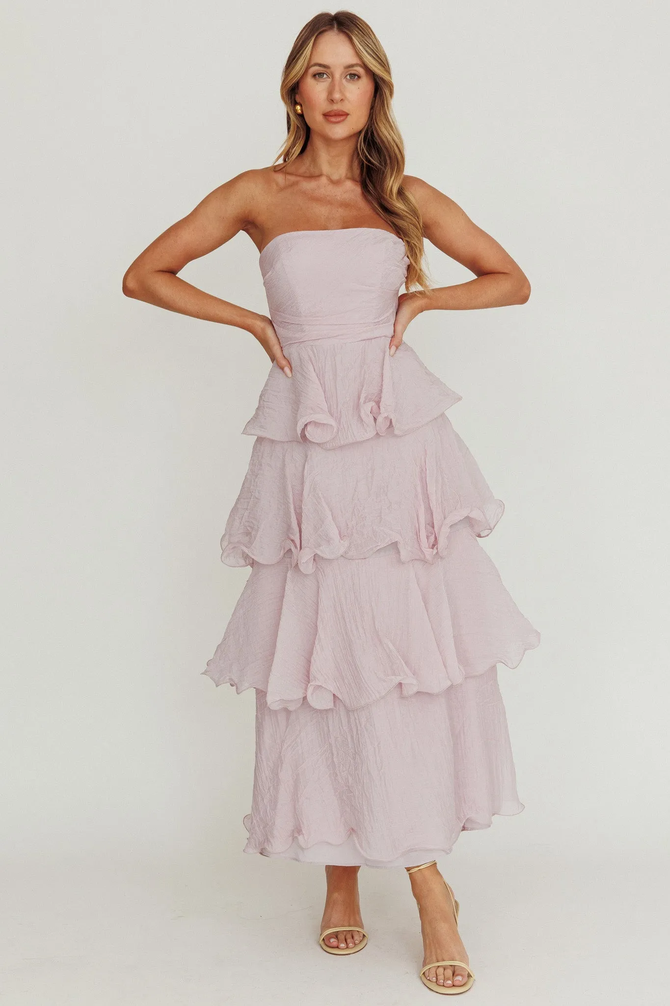 Giavana Strapless Layered Ruffles Midi Dress Lilac