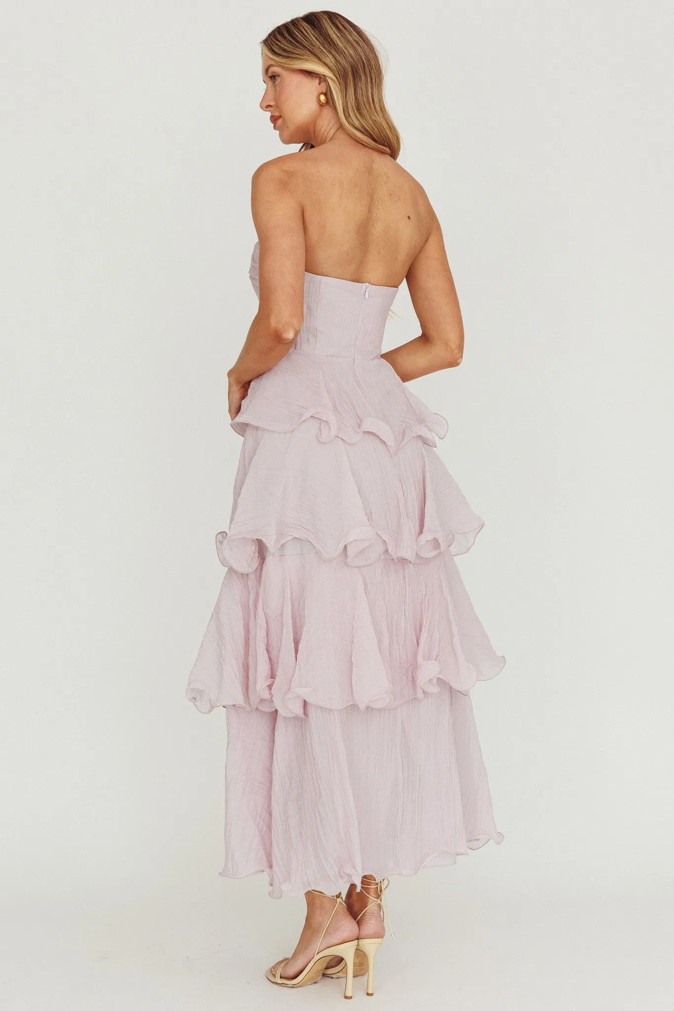 Giavana Strapless Layered Ruffles Midi Dress Lilac