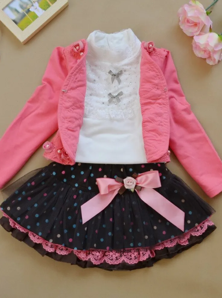 Girls Preppy White Lace Neck Top and Polka Dot Tutu Skirt Set With Embellished Blazer