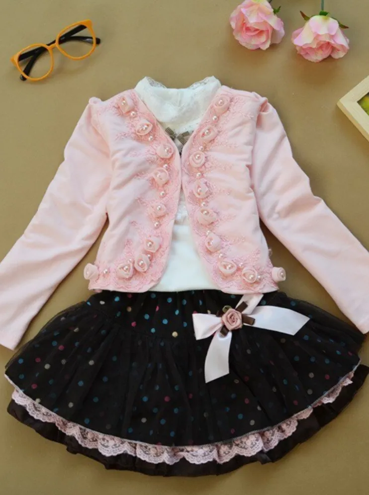 Girls Preppy White Lace Neck Top and Polka Dot Tutu Skirt Set With Embellished Blazer