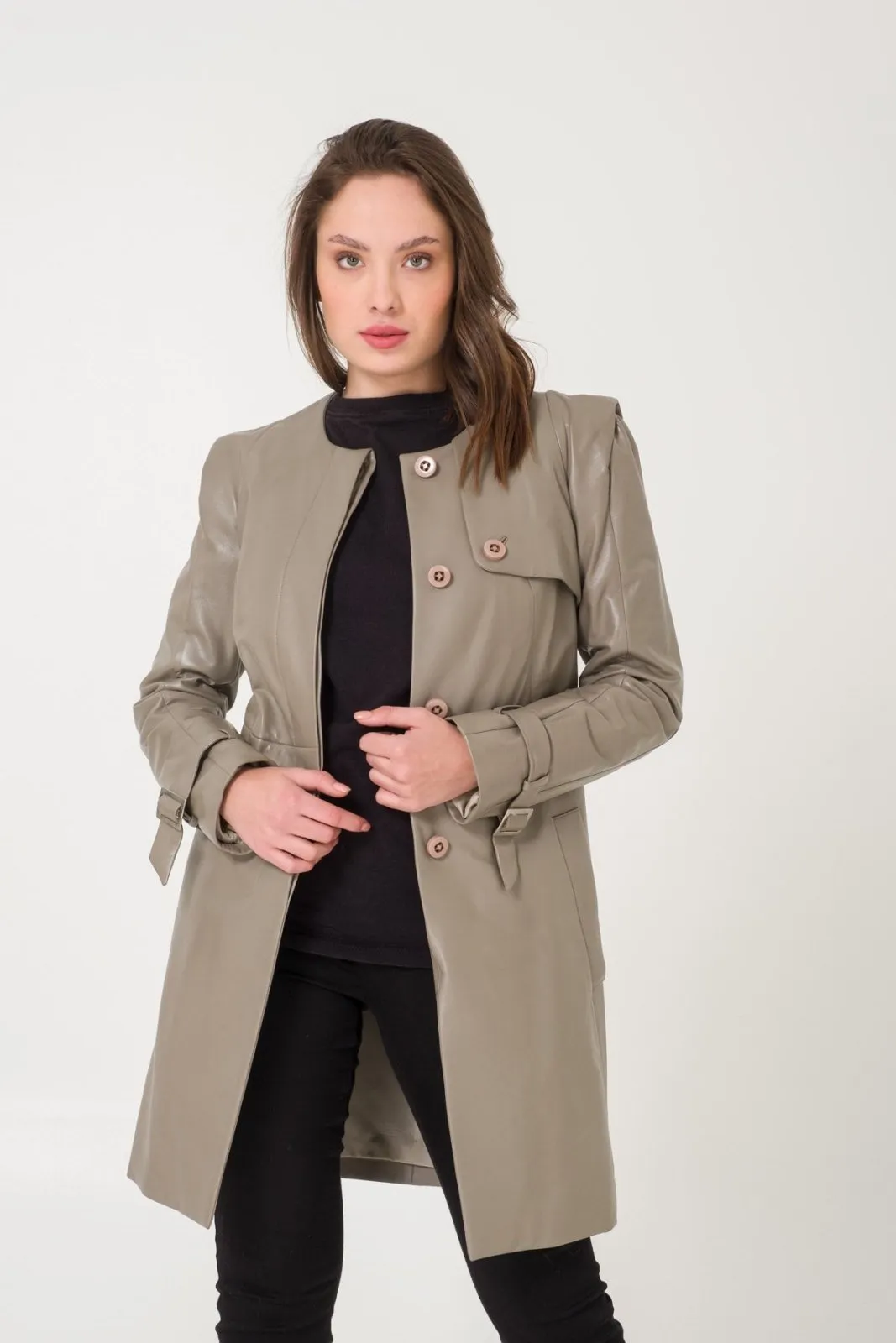 Grey Leather Trench Coat