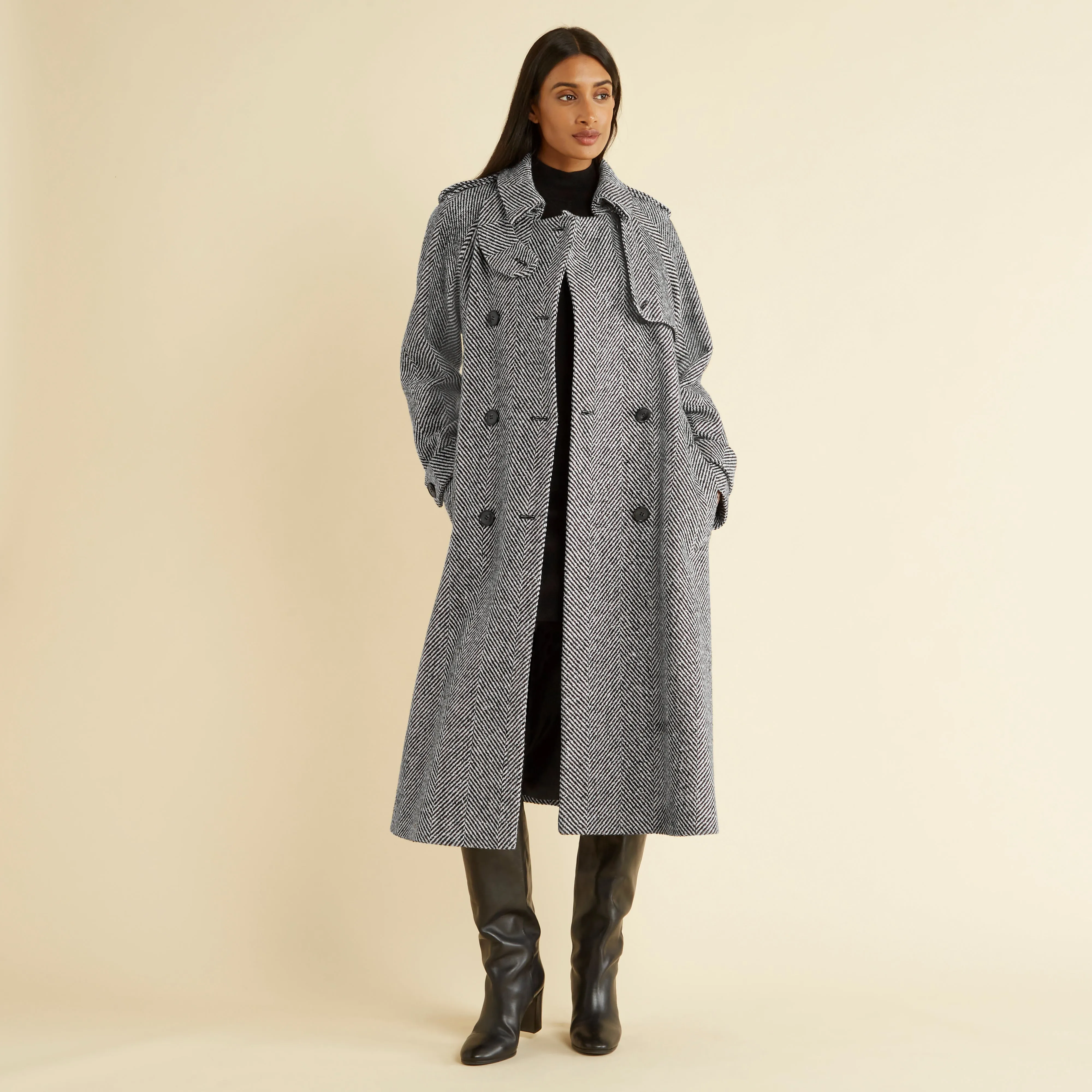 Herringbone Double Breasted Trench Coat