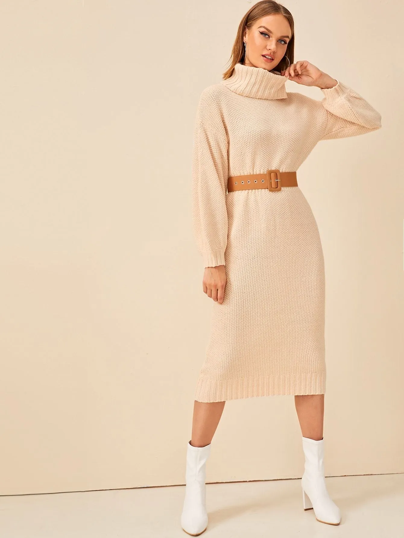 High Neck Drop Shoulder Jumper Dress Without Belted