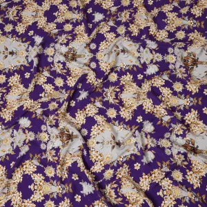 Italian Silk Satin Fabric with Elegant Floral Design on Deep Purple and Cream Background – 150 cm Width-D20333