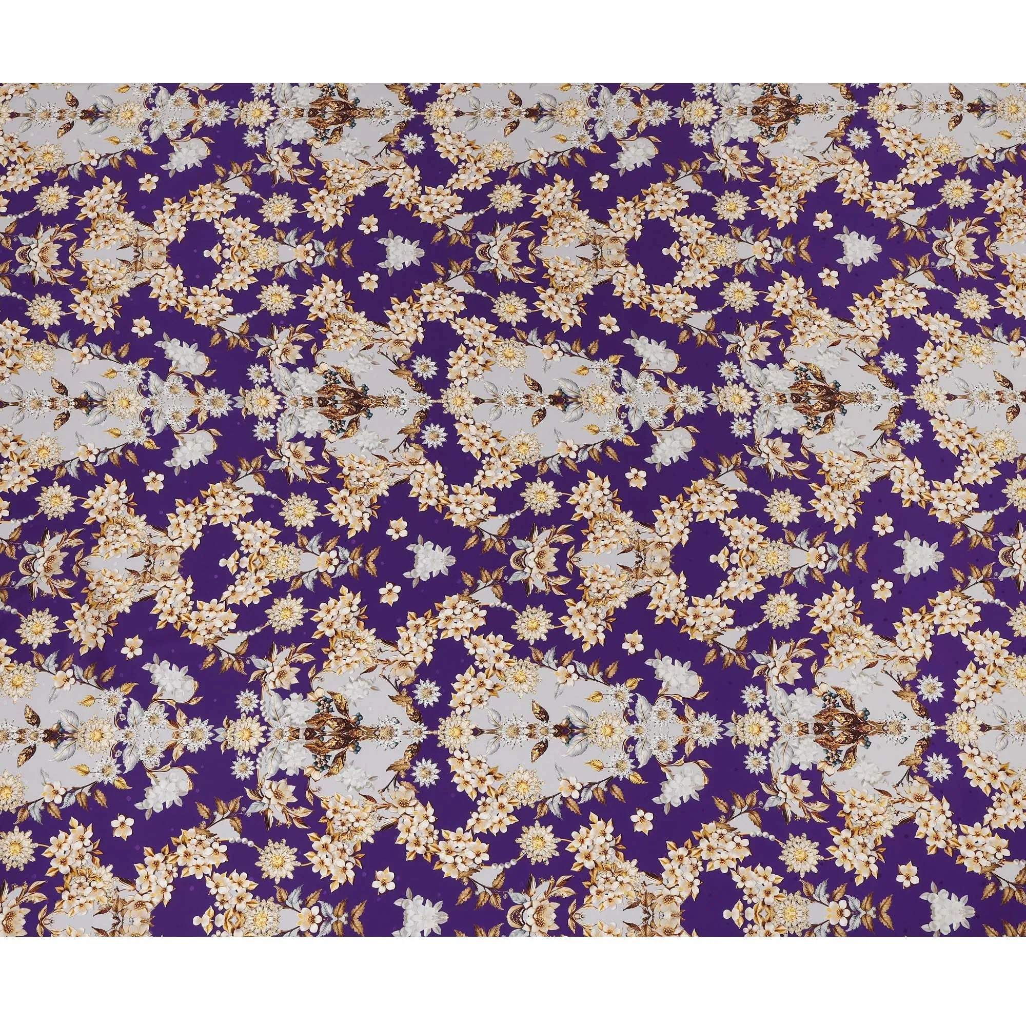 Italian Silk Satin Fabric with Elegant Floral Design on Deep Purple and Cream Background – 150 cm Width-D20333